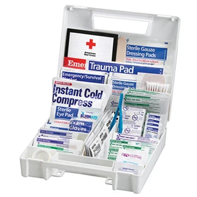 200-Piece All Purpose First Aid Kit open showing contents in white hard plastic case