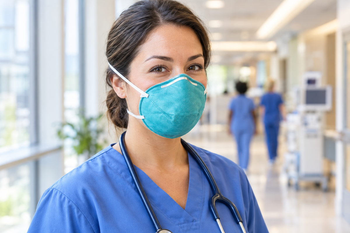 Healthcare professional wearing 3M N95 1860 surgical mask in hospital