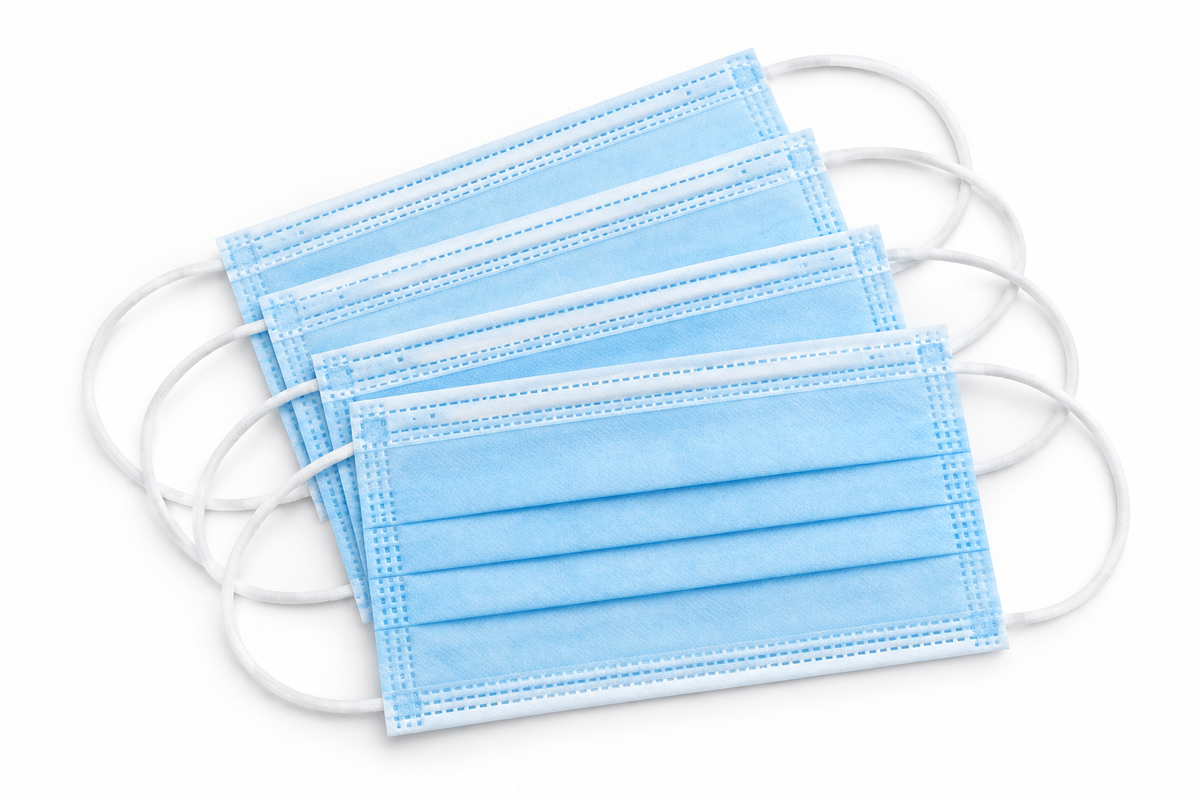 Blue 3-ply pleated earloop surgical face mask ASTM Level 1 flat lay product photo