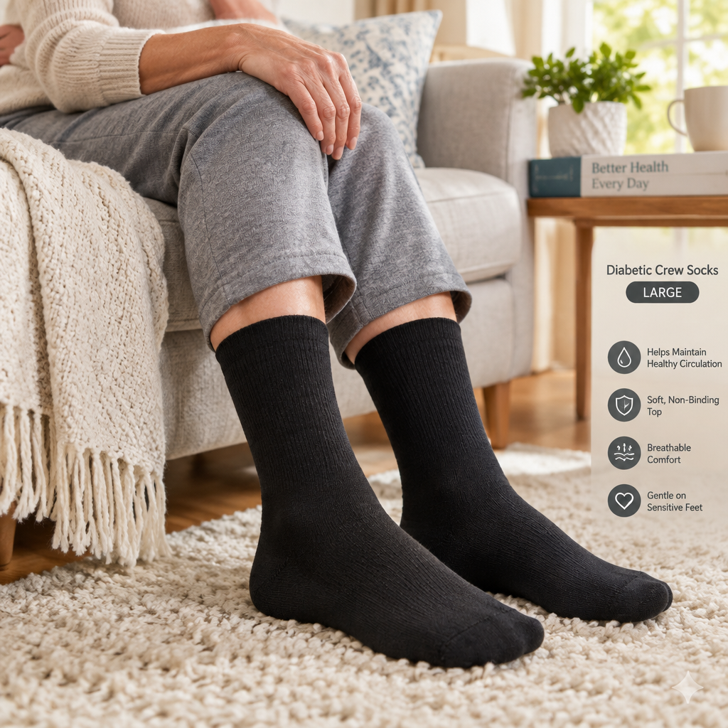 Person wearing black diabetic crew socks Large at home
