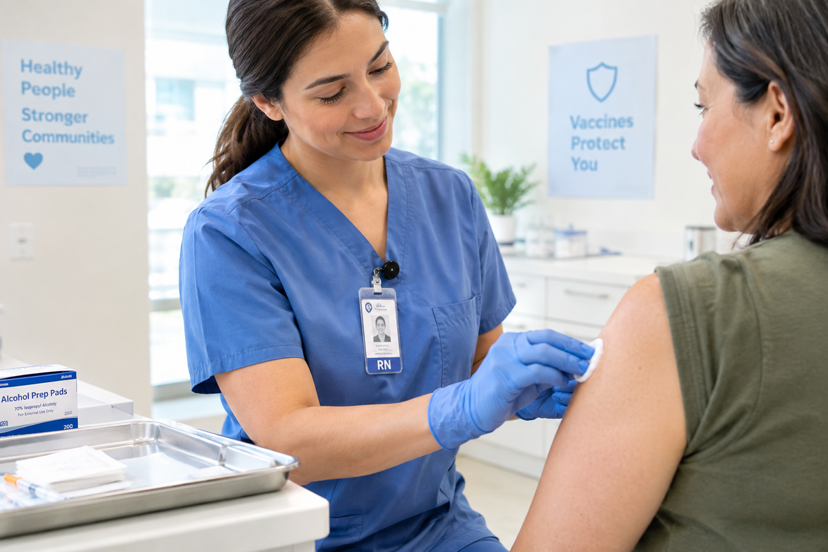 Nurse using alcohol prep swab before vaccine injection at clinic