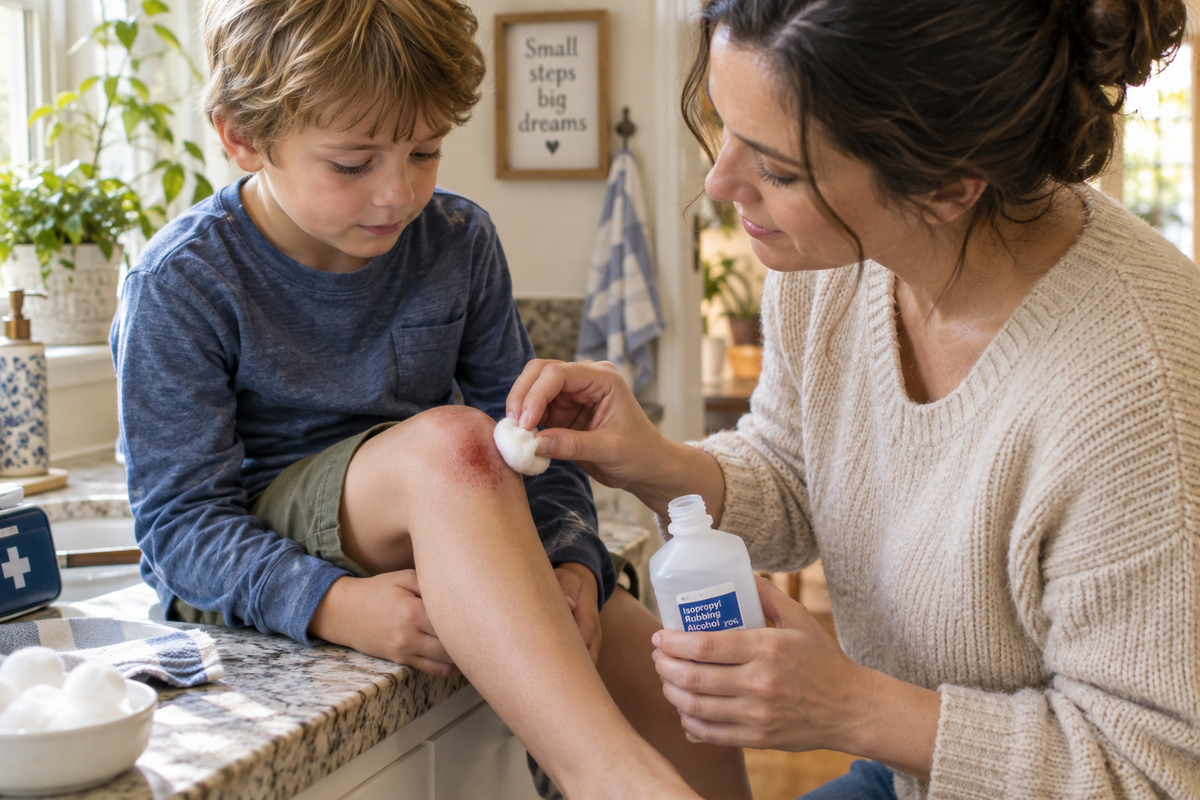 Parent cleaning child's scraped knee with isopropyl alcohol