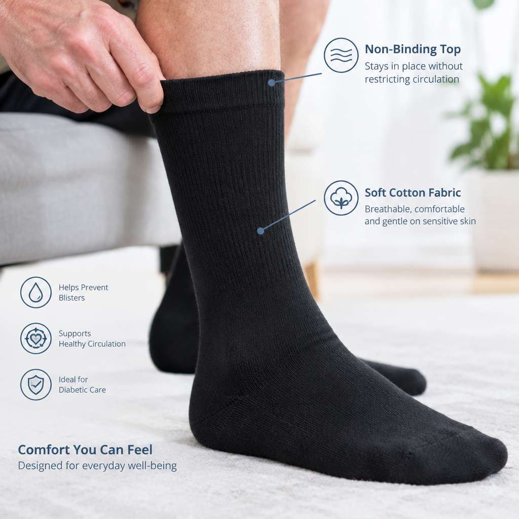 Close-up of non-binding top on black diabetic crew socks