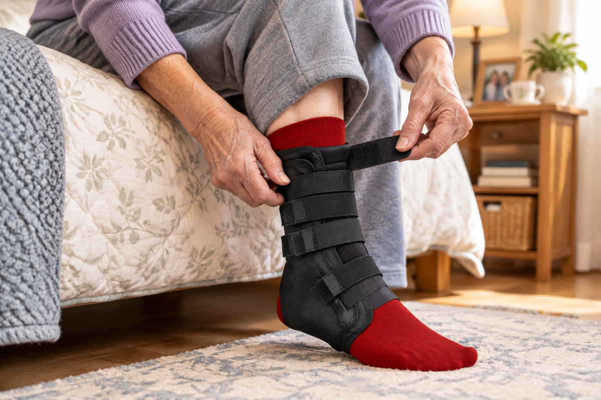 Elderly person applying Swede-O Easy Lok ankle brace at home