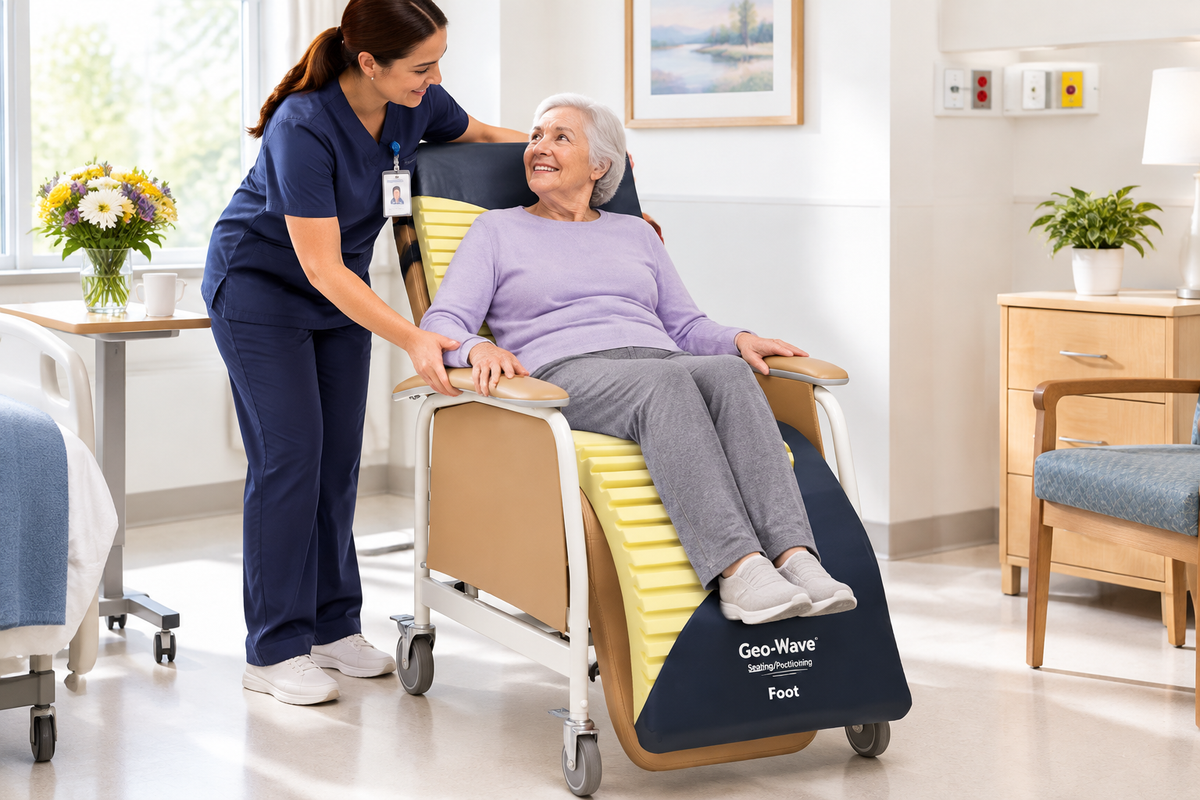 Caregiver positioning elderly patient in recliner with Geo-Wave cushion