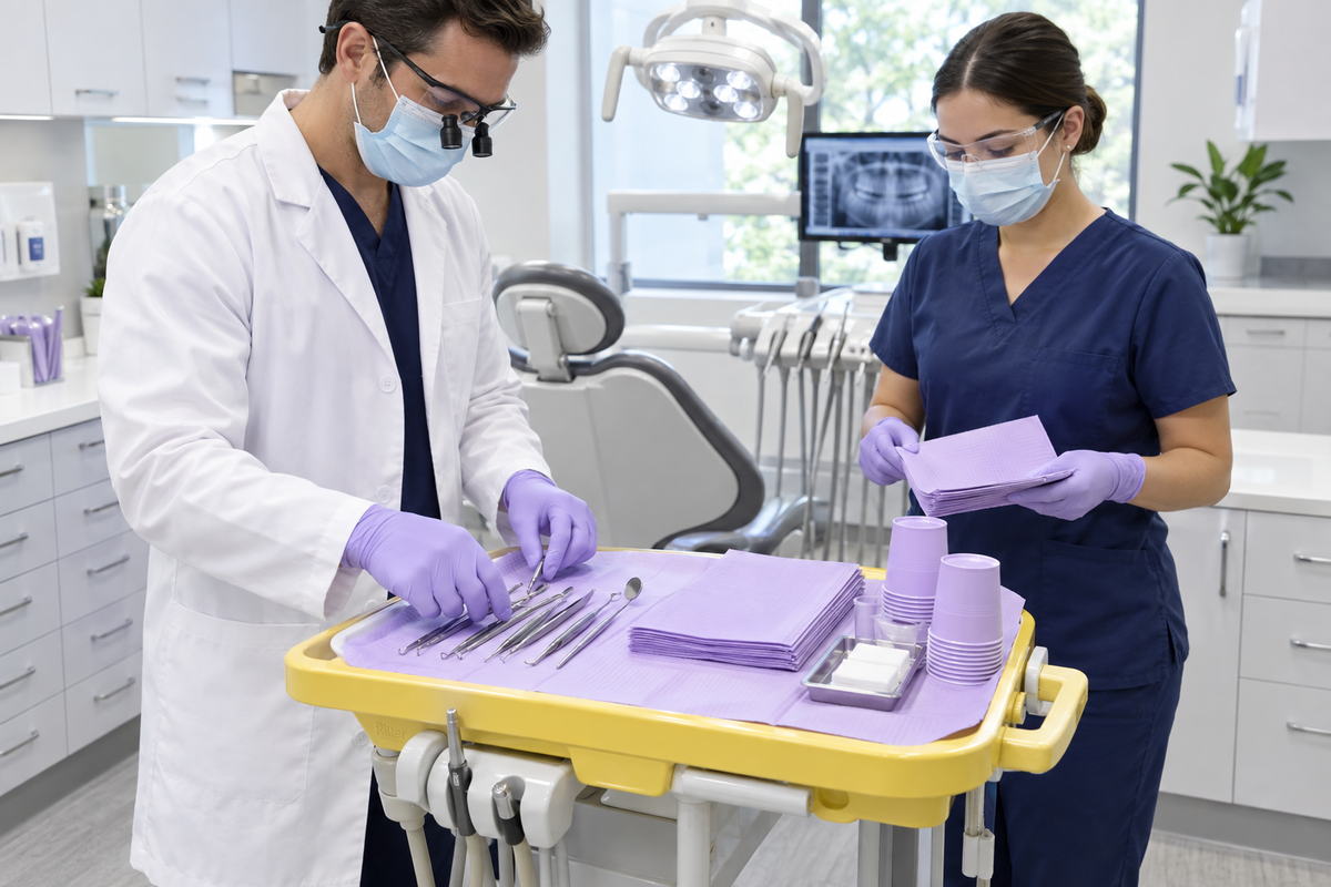 Dentist preparing Ritter B tray with lavender tray cover in dental clinic