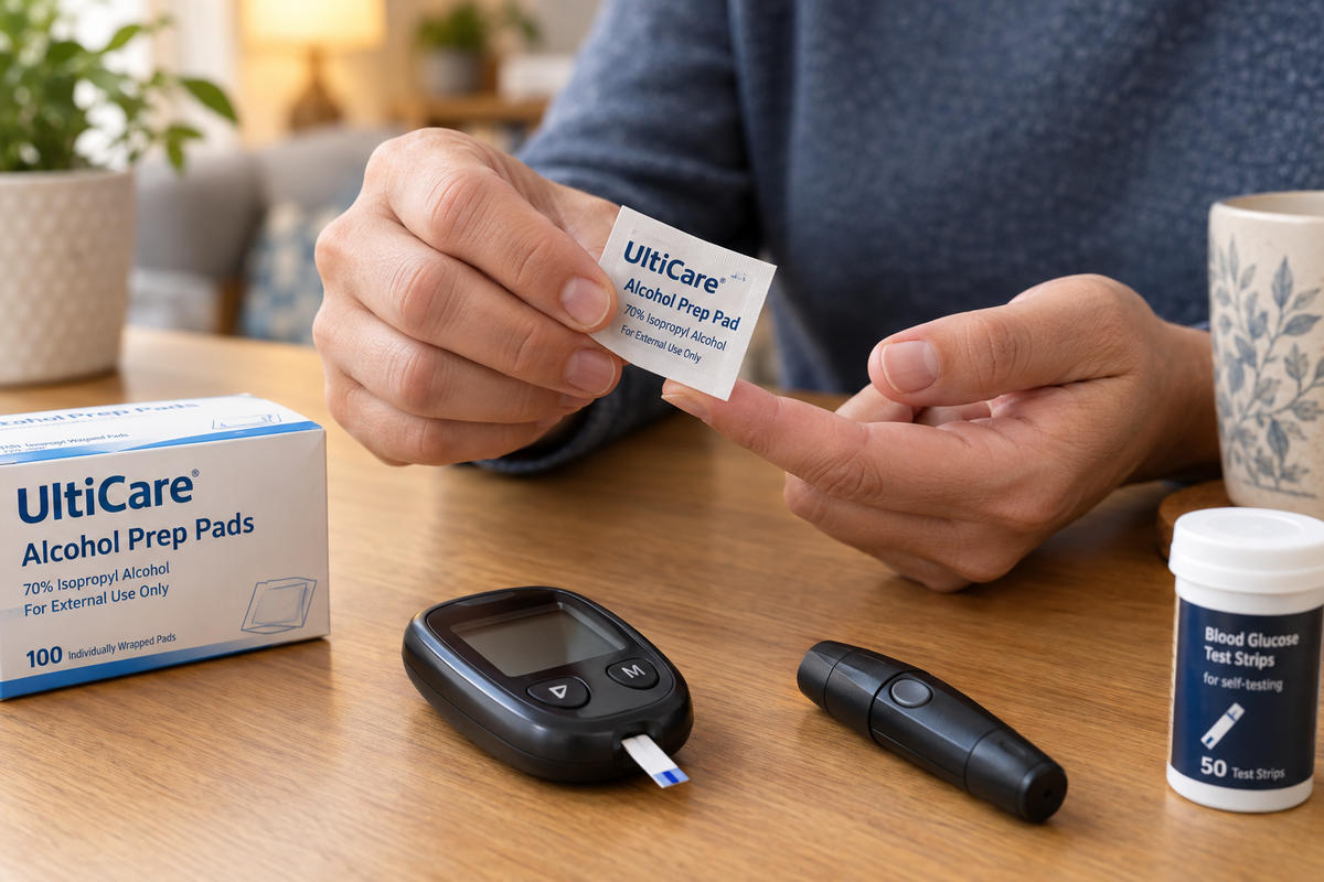 Person using alcohol prep pad for blood glucose test at home