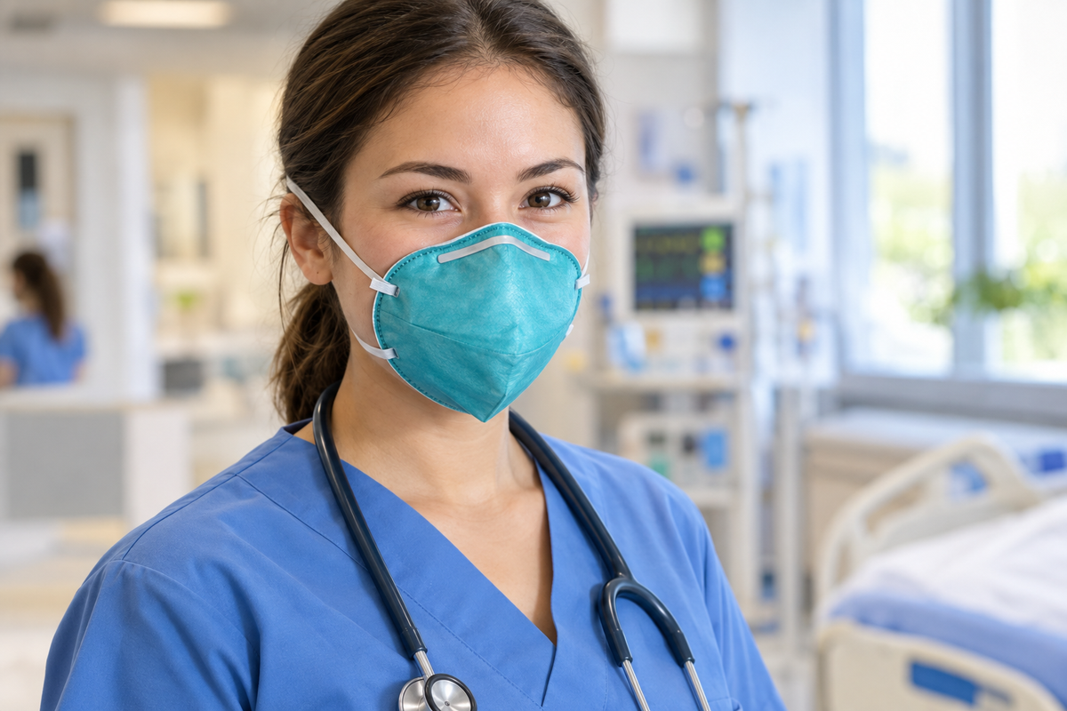 Healthcare professional wearing 3M N95 1860S small surgical mask in hospital