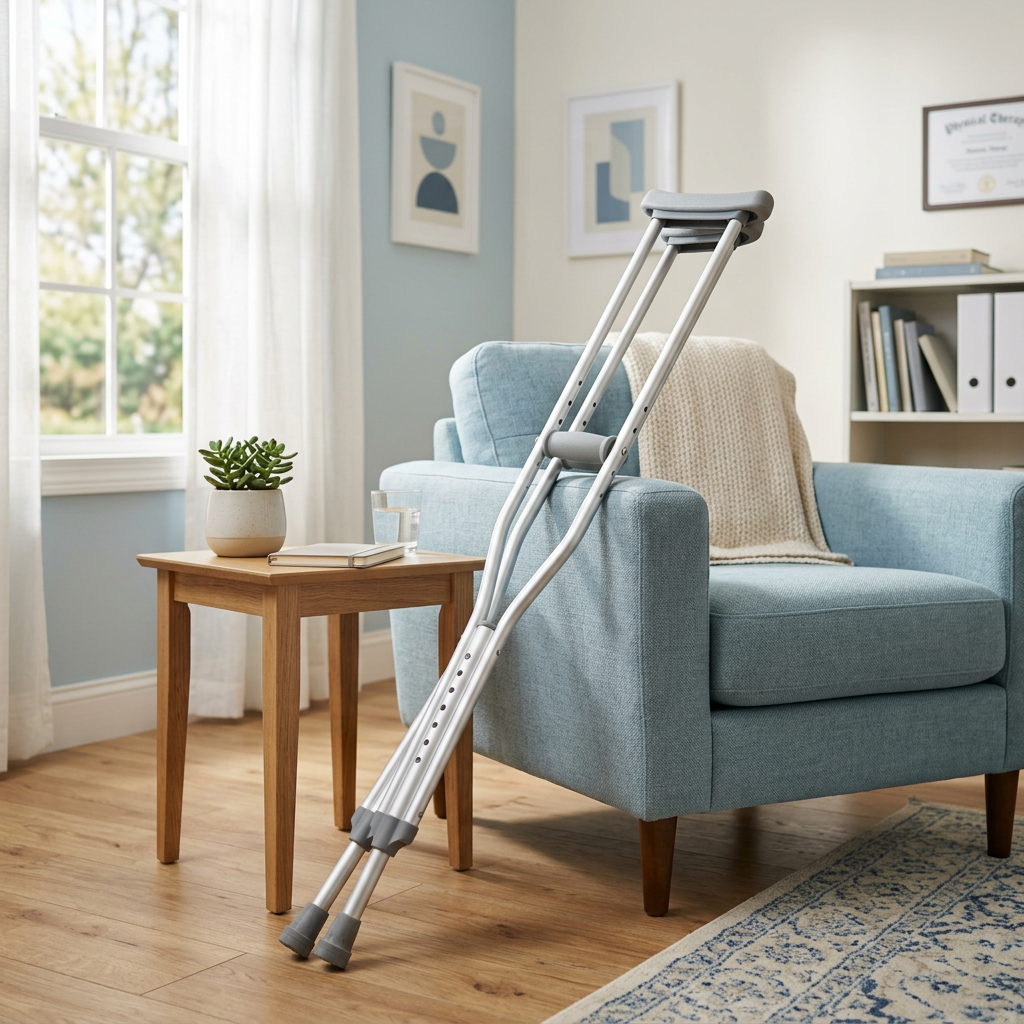 AI-generated illustration of youth aluminum crutches in a consultation room; not an exact model photo