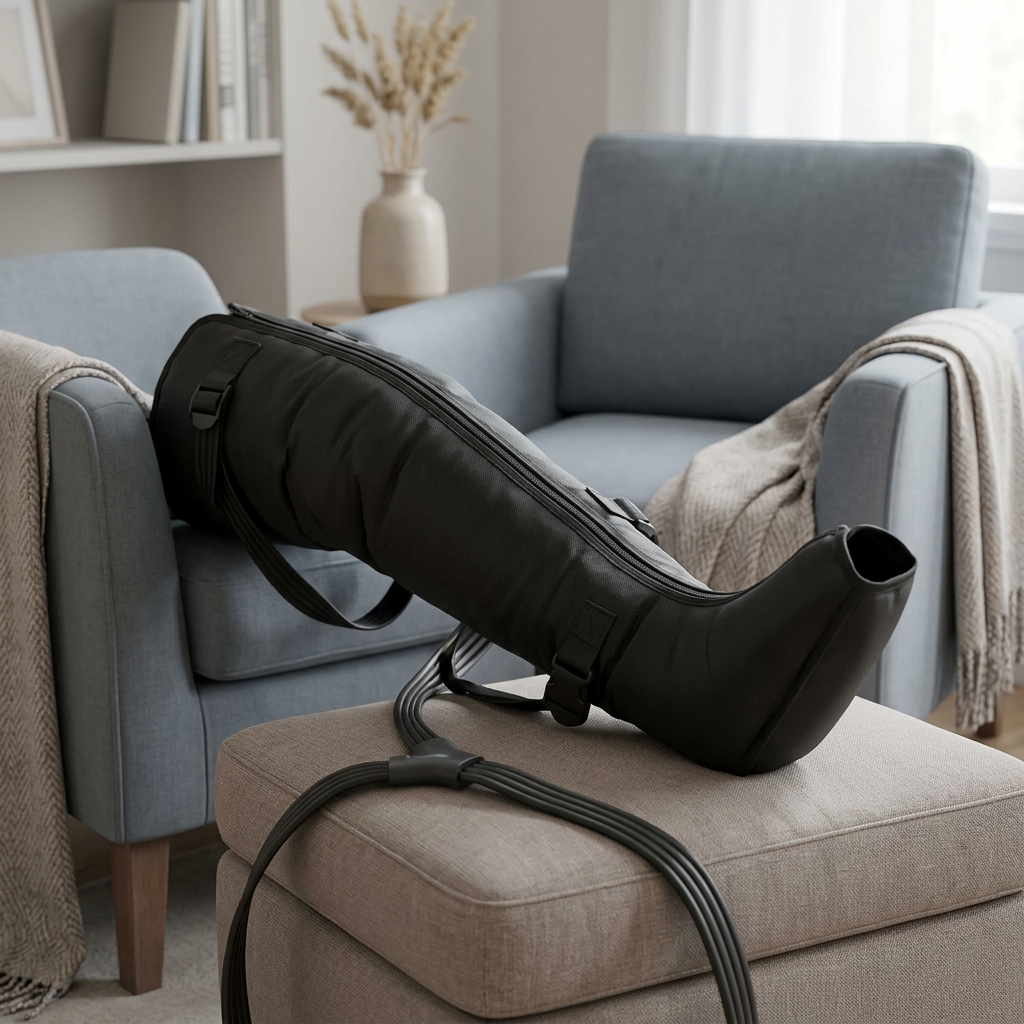 Reference-based AI illustration of compression sleeve beside an armchair