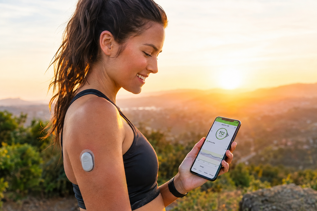Active person wearing Dexcom G6 sensor checking glucose on smartphone