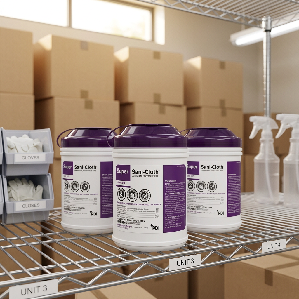 Super Sani-Cloth canisters on a healthcare supply shelf