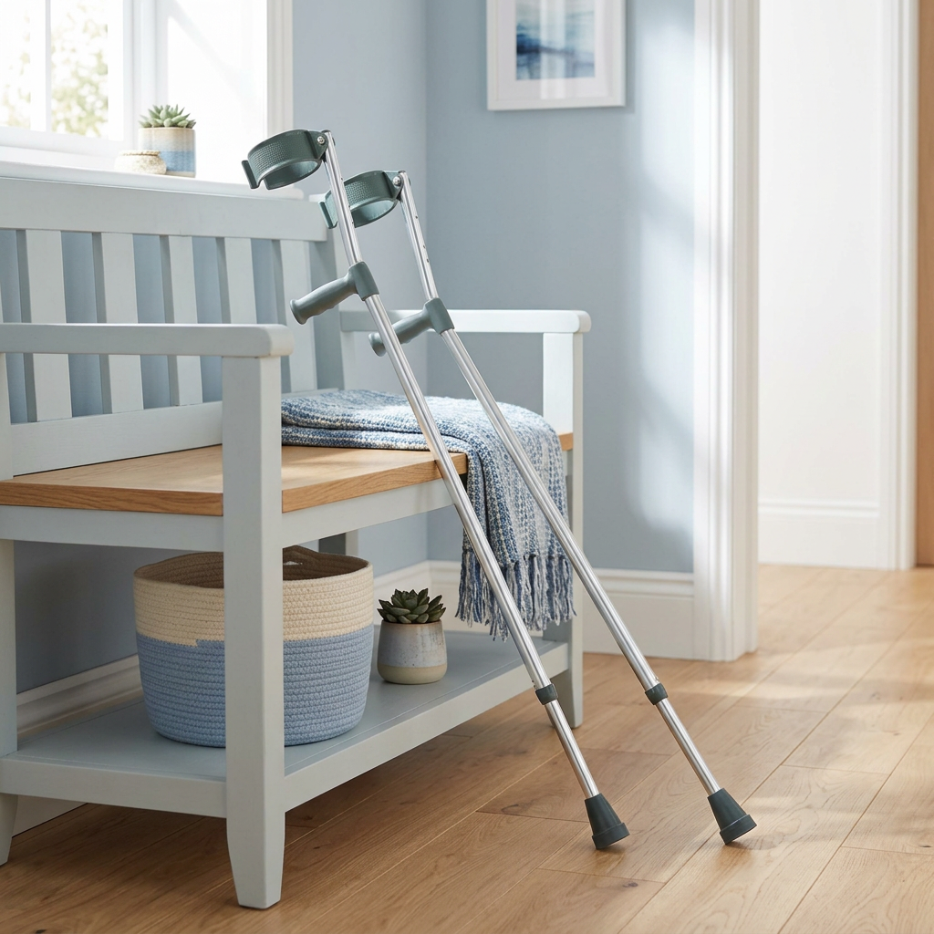 Reference-based AI lifestyle illustration of forearm crutches in a home entryway