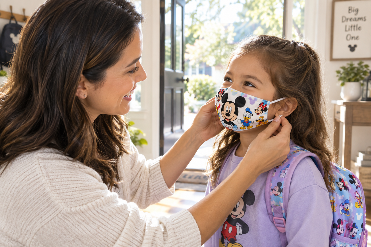 Mom putting Disney face mask on child before school