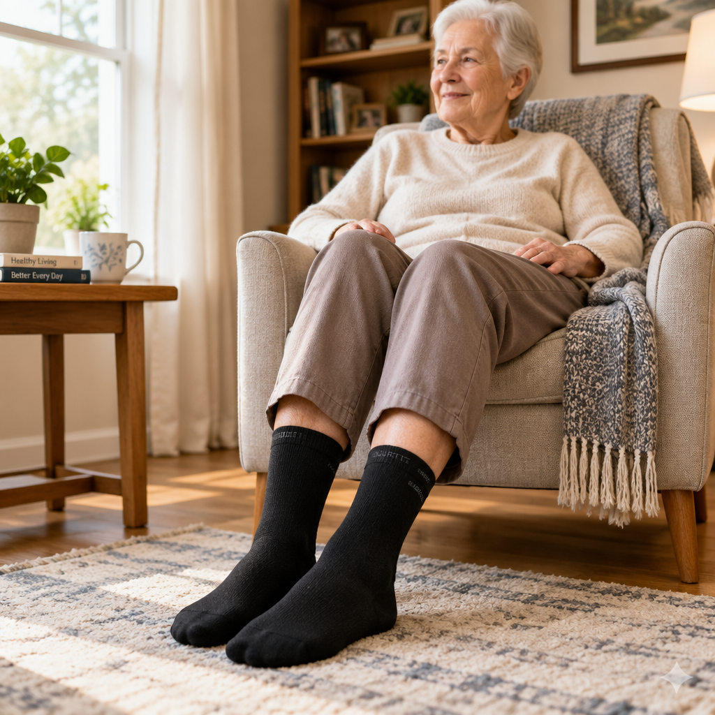Elderly person wearing black diabetic crew socks at home