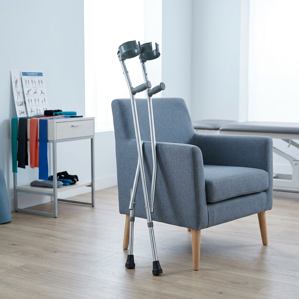 Reference-based AI lifestyle illustration of forearm crutches in a consultation room