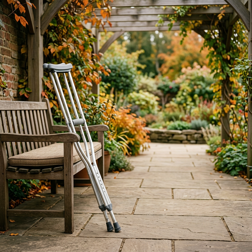 AI-generated illustration of youth aluminum crutches beside a garden patio bench; not an exact model photo