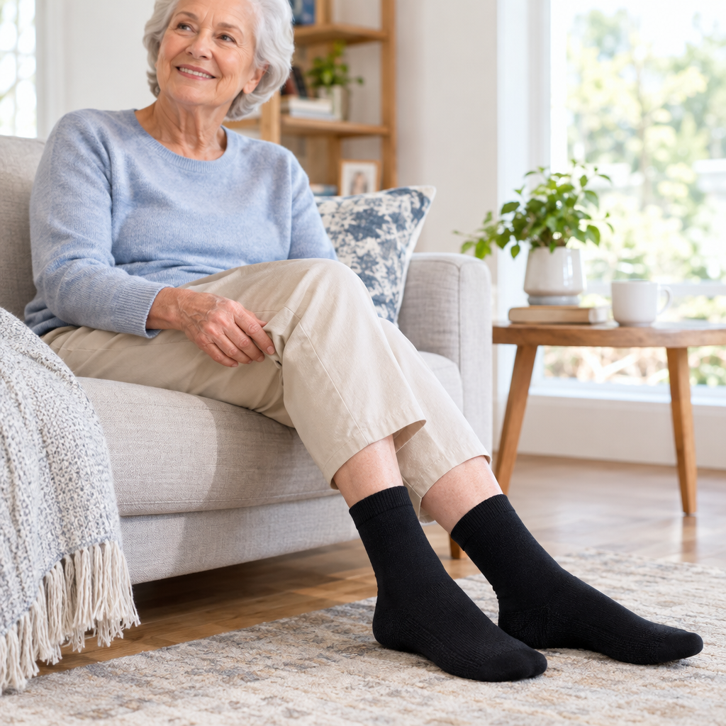 Senior wearing black diabetic crew socks at home