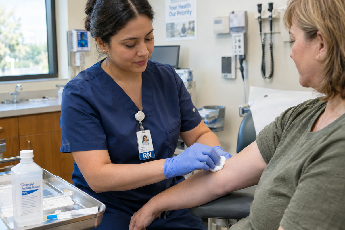 Nurse cleaning arm with isopropyl alcohol before injection
