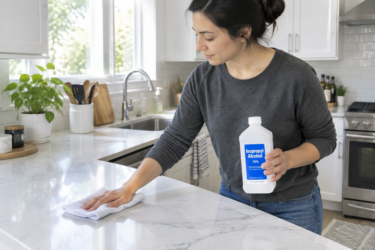 Person disinfecting kitchen countertop with isopropyl alcohol