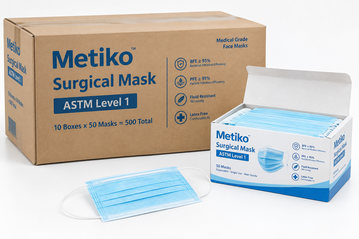 Metiko surgical mask ASTM Level 1 wholesale case 10 boxes 500 masks