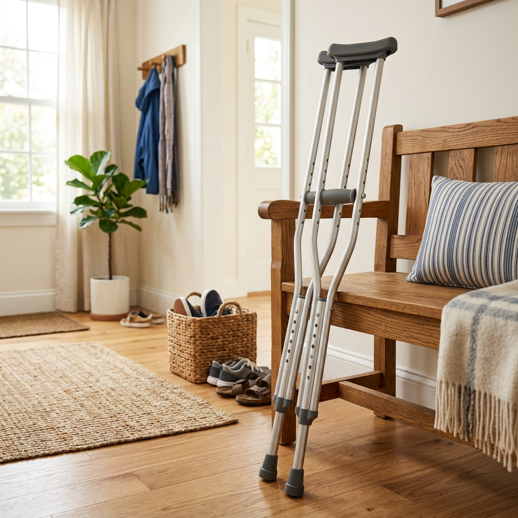 AI-generated illustration of youth aluminum crutches in a home entryway; not an exact model photo
