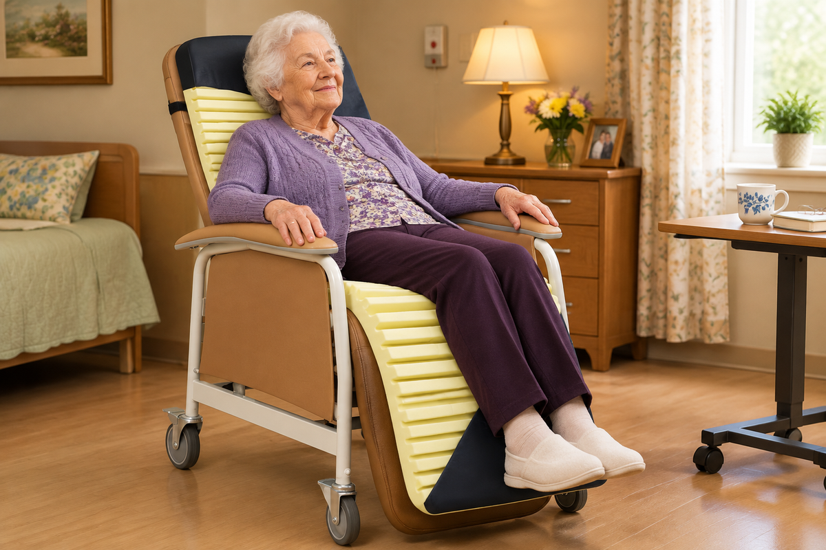 Elderly patient sitting comfortably in recliner with Geo-Wave cushion
