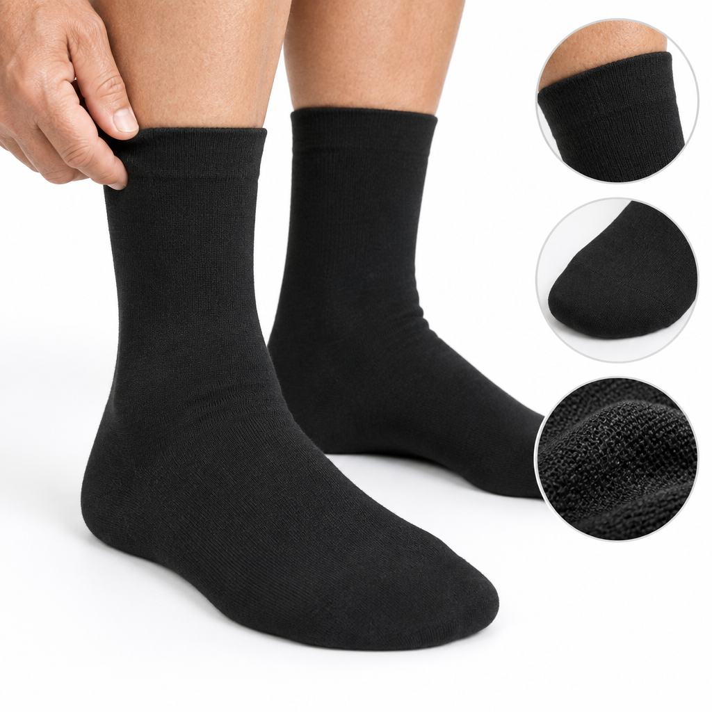 Close-up of black diabetic crew socks showing seamless toe and non-binding cuff