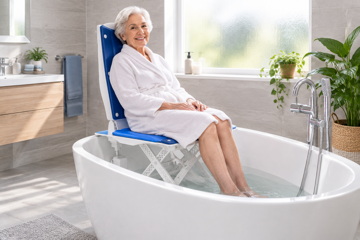 AX10 Bathtub Lift Chair in use in a modern accessible bathroom