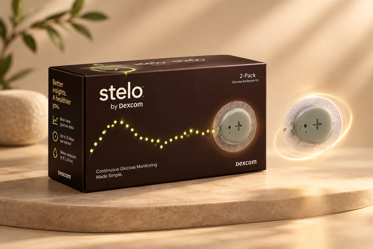 Dexcom Stelo branded box with biosensor hero shot