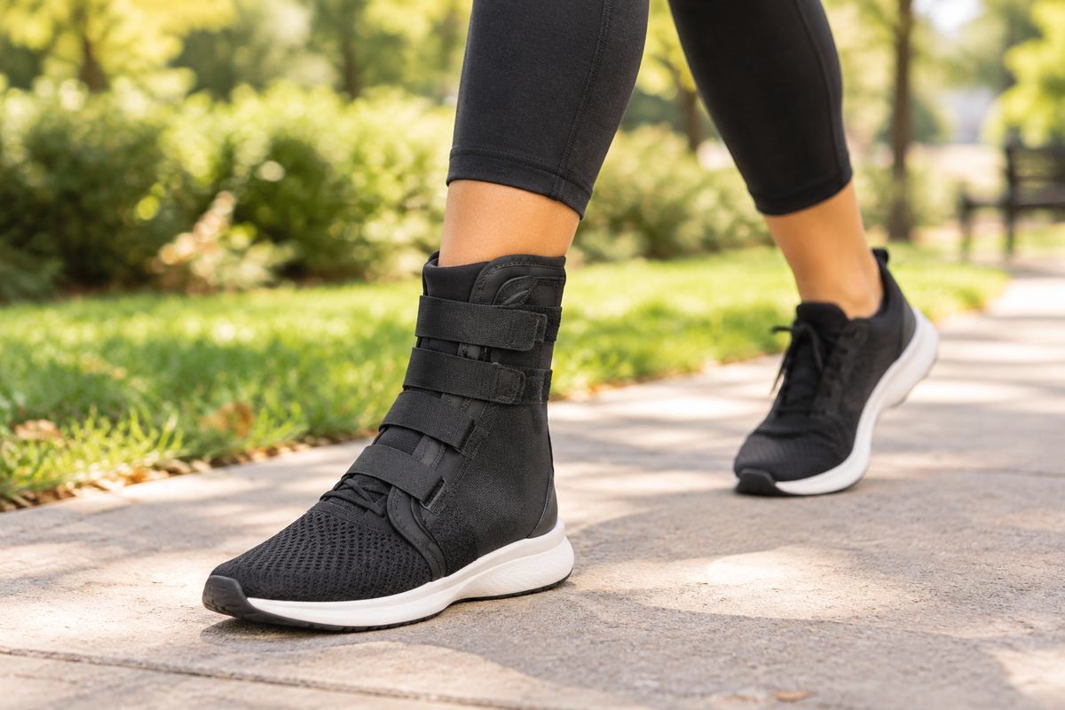 Person wearing Swede-O Easy Lok ankle brace while walking outdoors