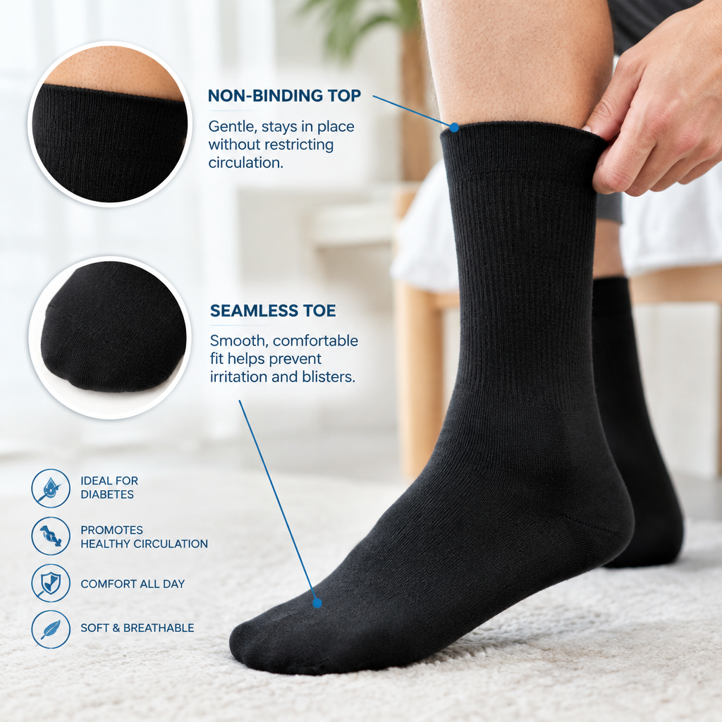 Close-up of non-binding top on black diabetic crew socks Large
