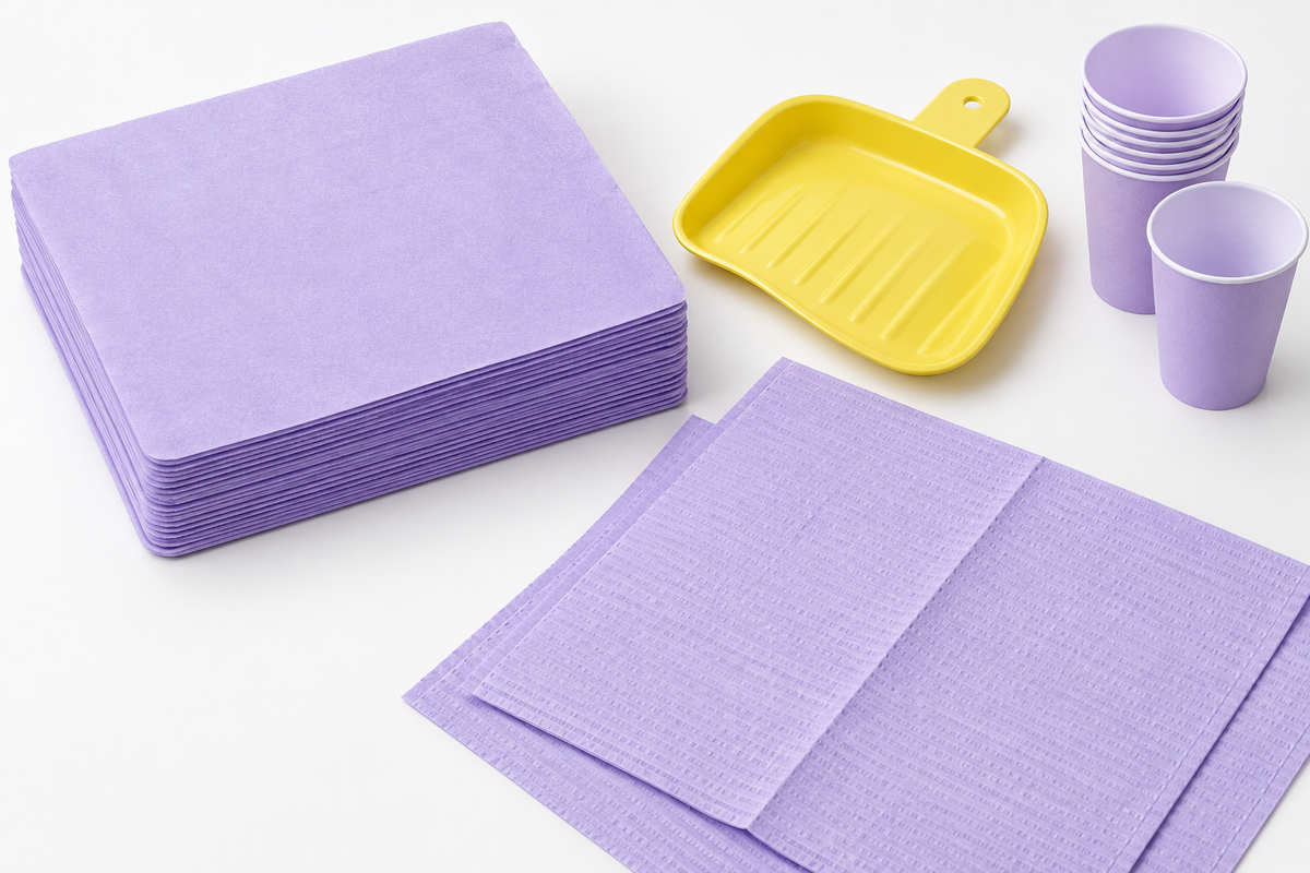 Lavender heavyweight tray covers flat lay dental supply product photo