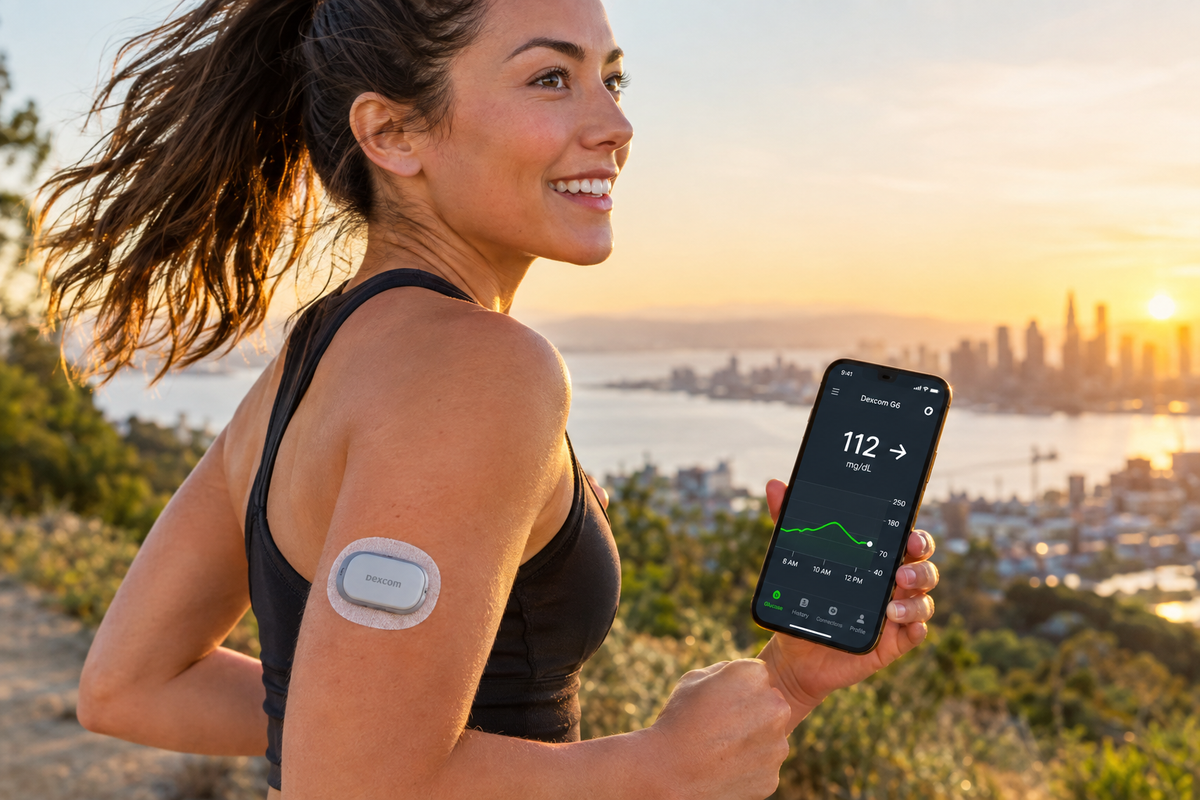 Active person jogging with Dexcom G6 transmitter checking glucose on smartphone