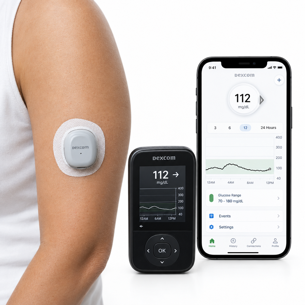 Continuous Glucose Monitor CGM device with sensor and smartphone display