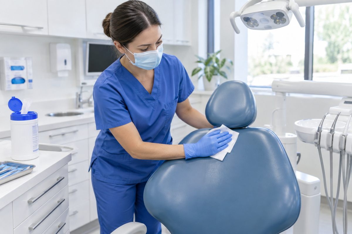 Healthcare professional using CaviWipes to disinfect dental chair