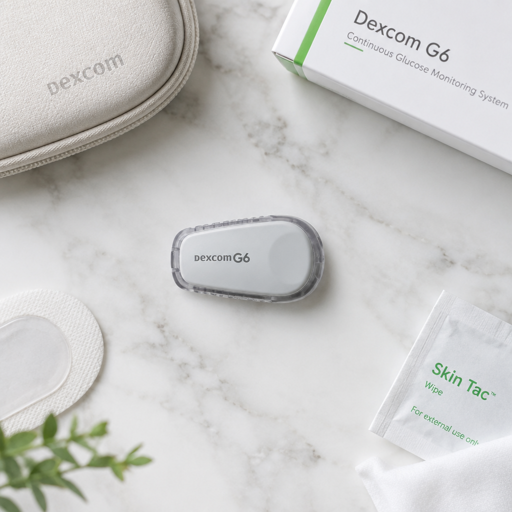 Elegant flat lay of Dexcom G6 transmitter on white marble surface