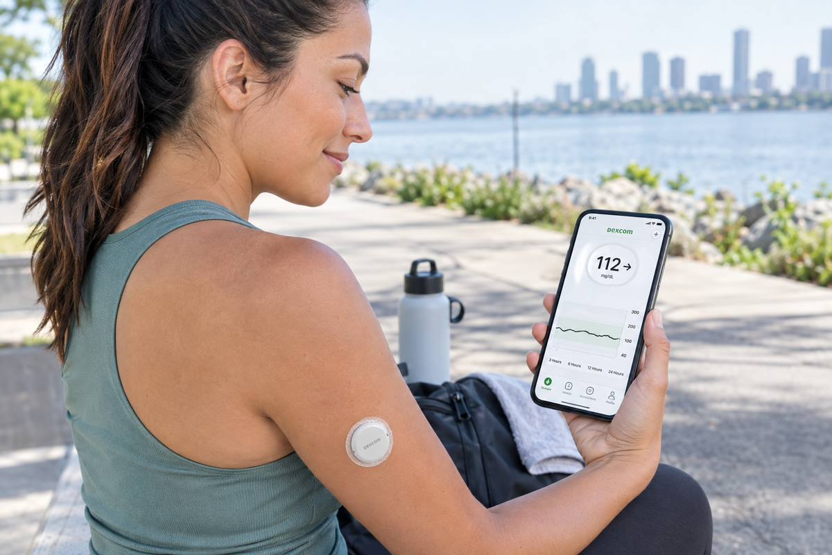 Person wearing Dexcom G7 CGM sensor on arm checking glucose on smartphone