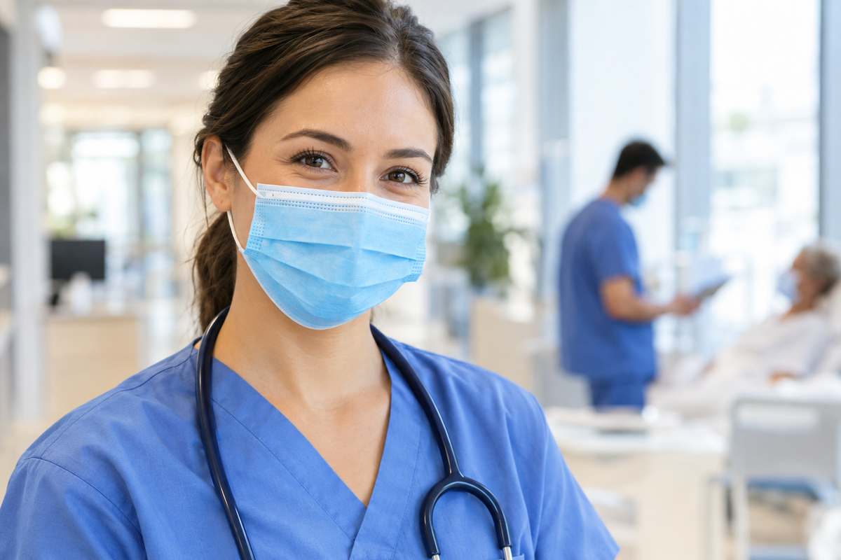 Healthcare professional wearing blue earloop surgical mask in hospital