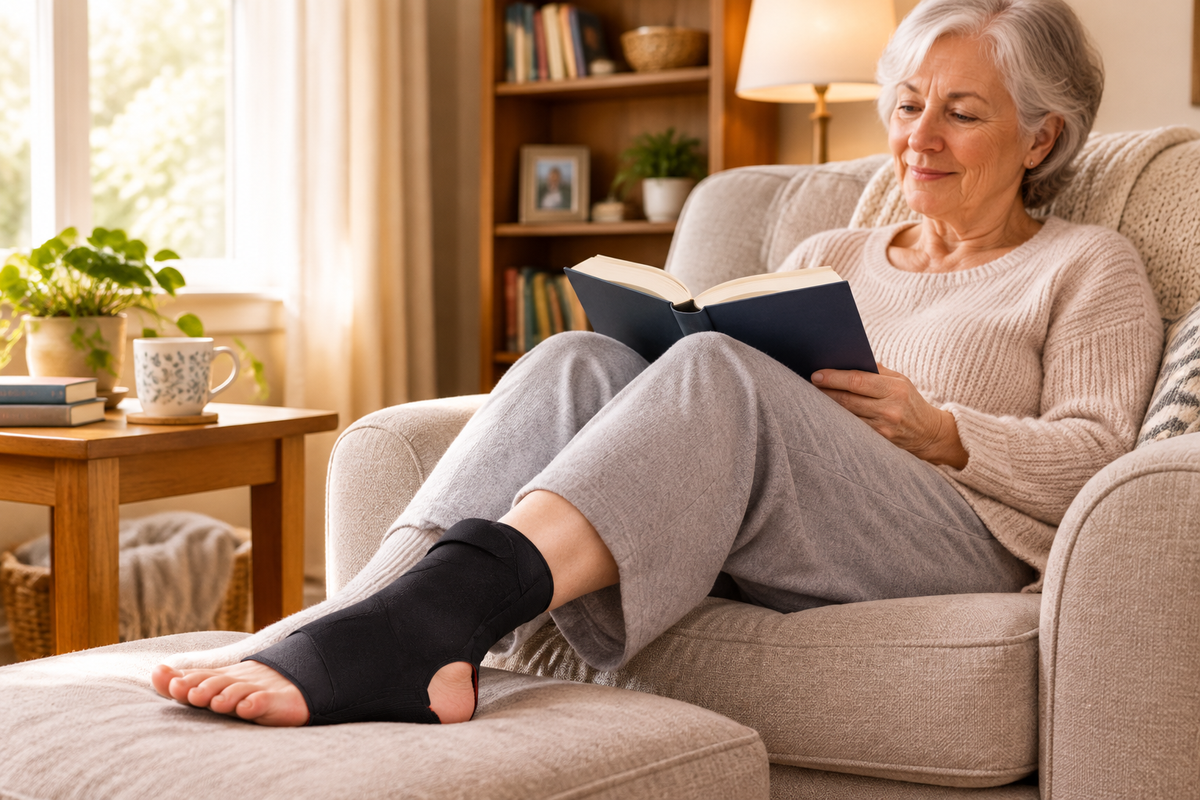 Senior person wearing Thermoskin ankle brace at home during recovery