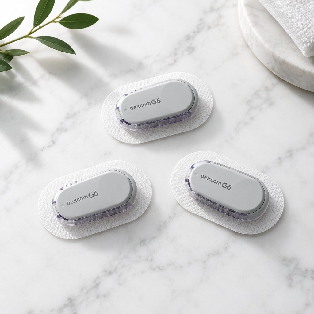 Elegant flat lay of three Dexcom G6 sensors on white marble