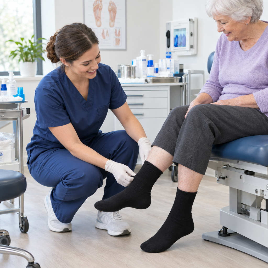 Healthcare professional helping patient with black diabetic crew socks