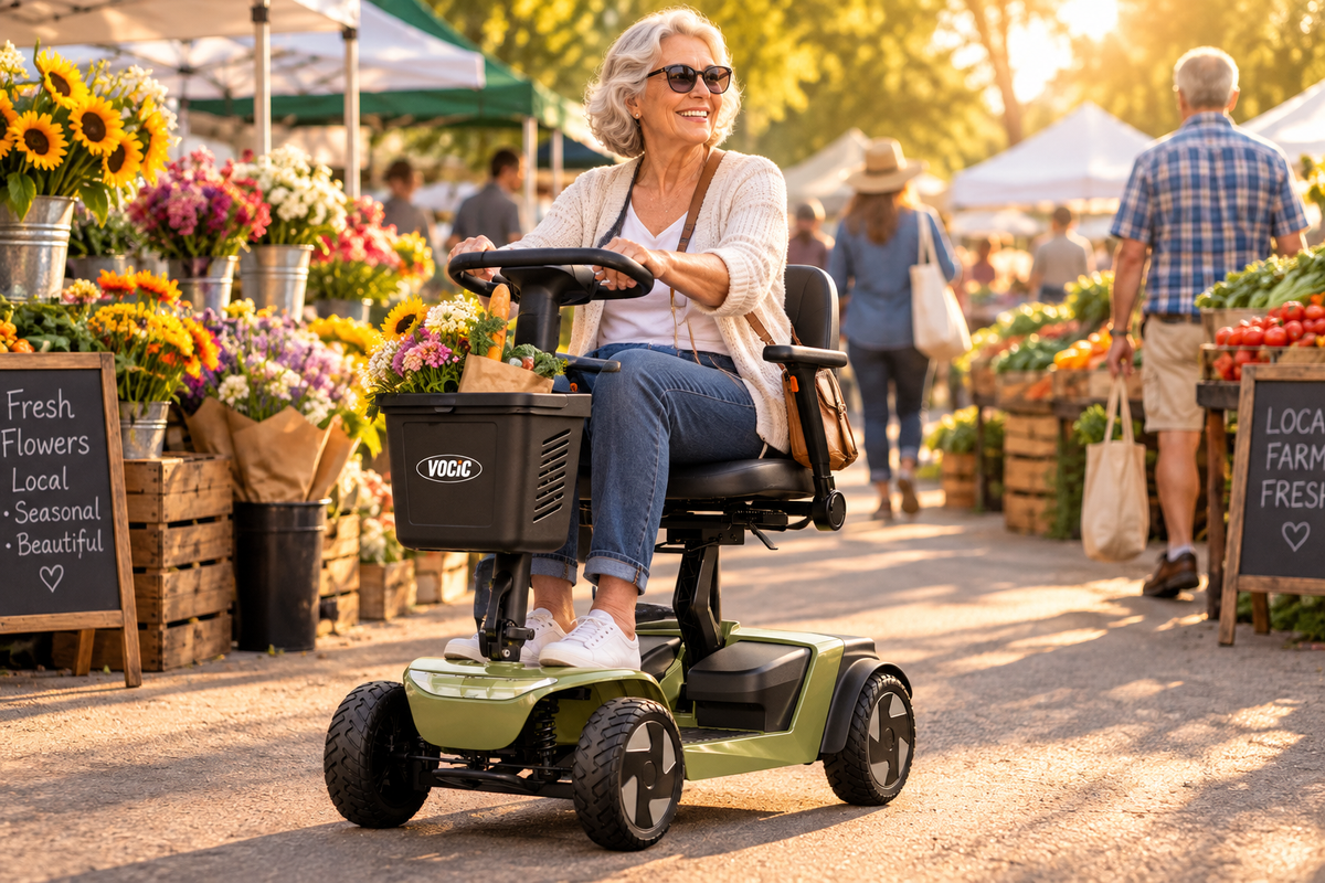 D52 Mobility Scooter being ridden at a sunny outdoor farmers market