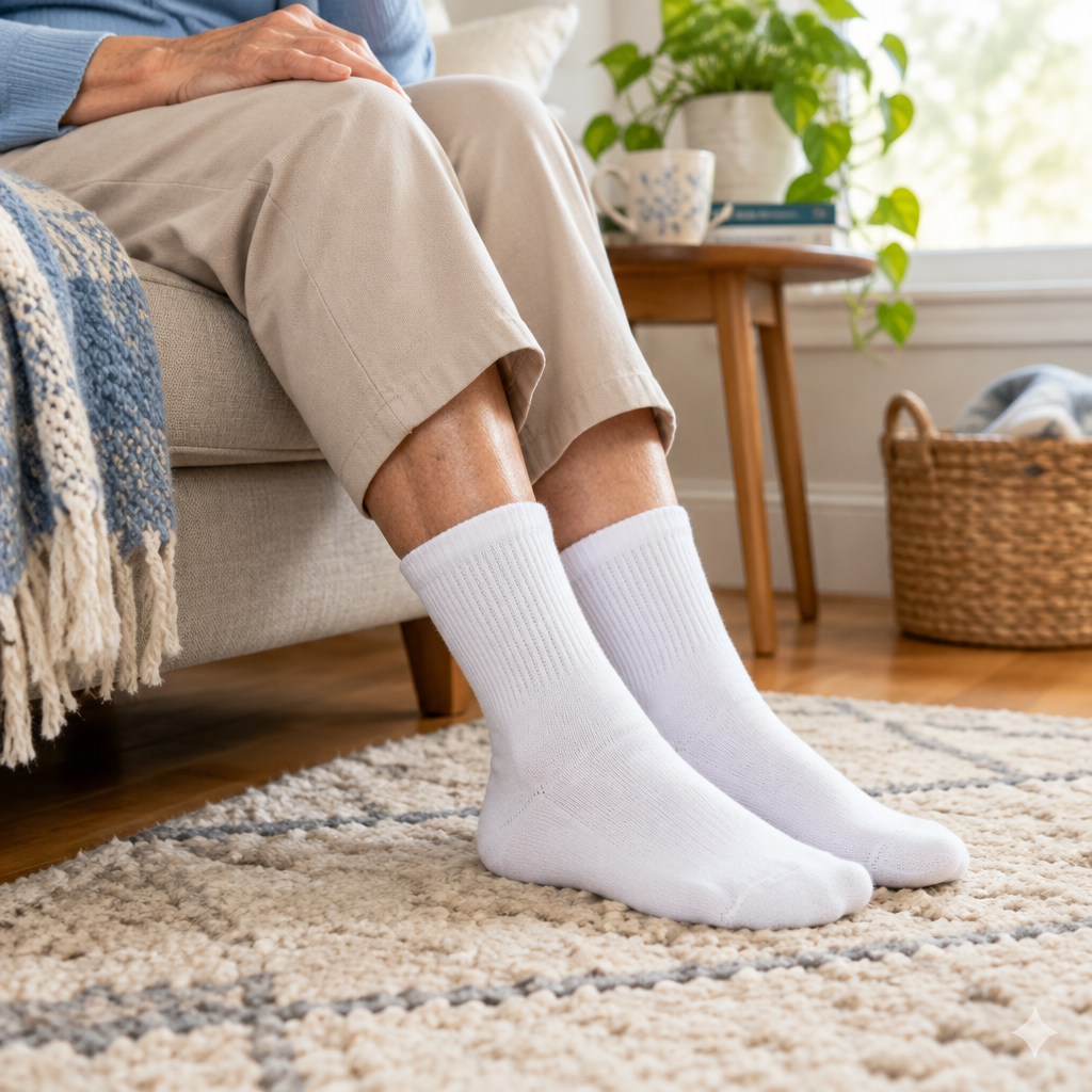 Elderly person wearing Advance Diabetic Crew Socks at home