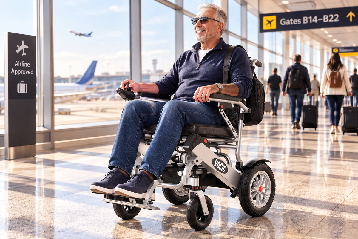 V62 Power Wheelchair being used in a bright airport terminal