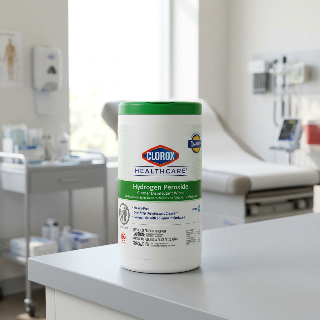 Clorox Healthcare wipes tub on a healthcare counter