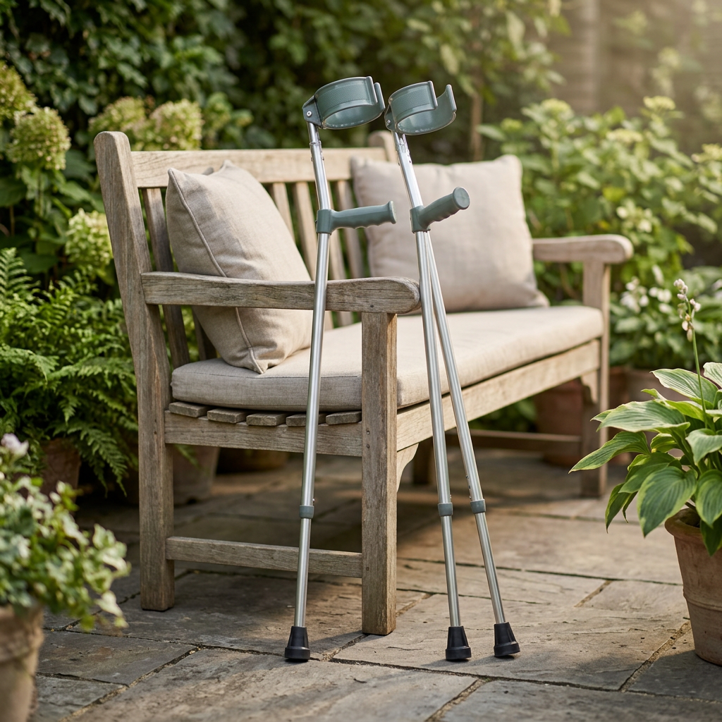 Reference-based AI lifestyle illustration of forearm crutches beside a garden bench