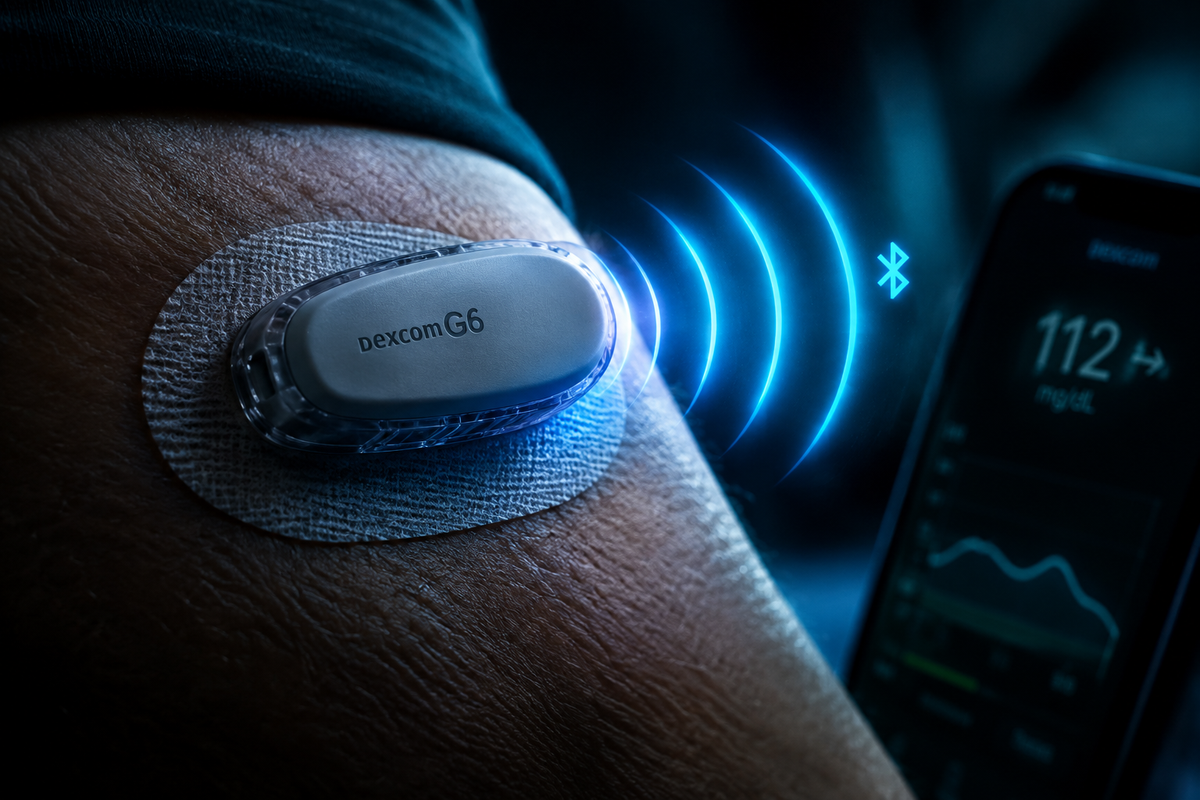 Dexcom G6 transmitter cinematic hero shot with Bluetooth glow