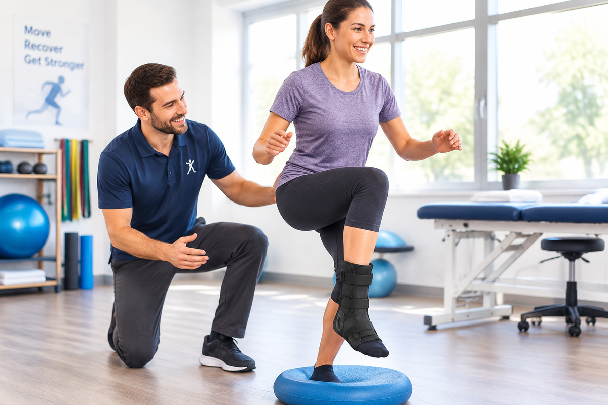 Person wearing Swede-O Easy Lok ankle brace during physical therapy rehab