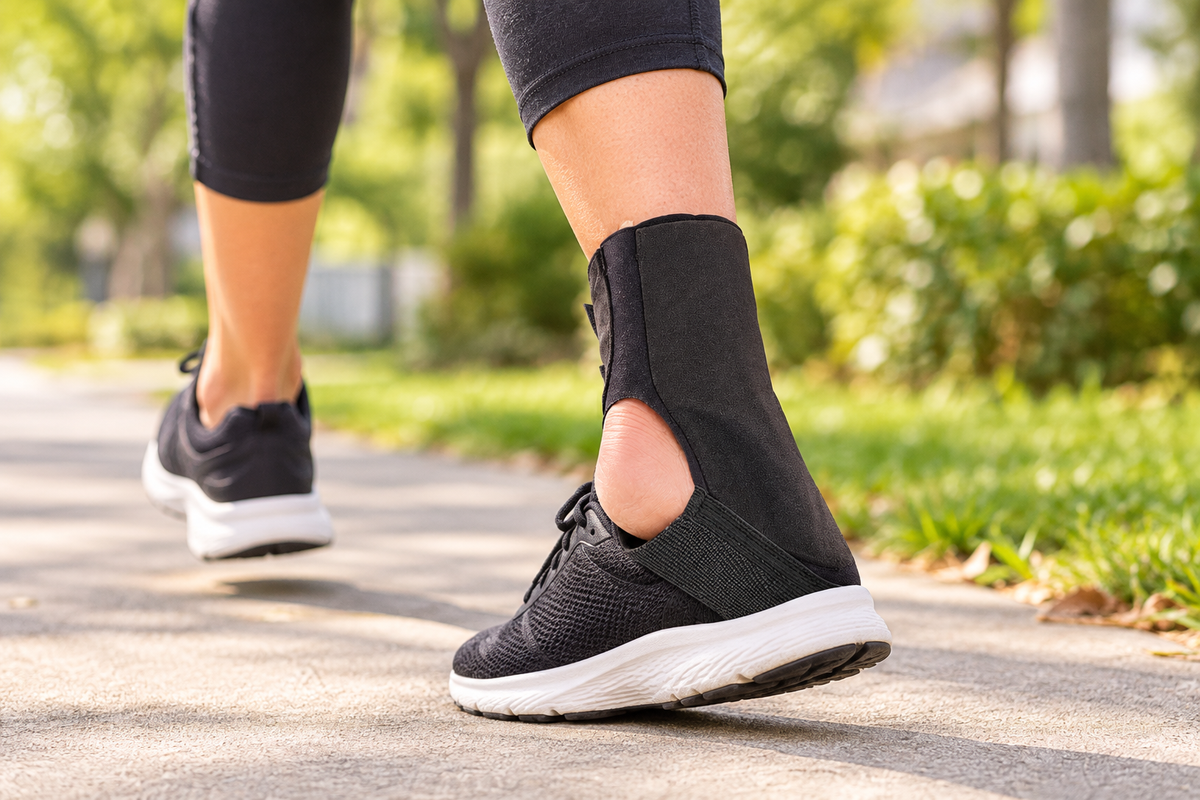 Person wearing Thermoskin ankle brace while walking outdoors